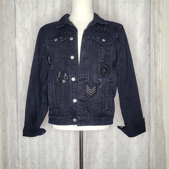 Genius Black Denim Trucker Jacket Military Size‎ Medium - Picture 1 of 8